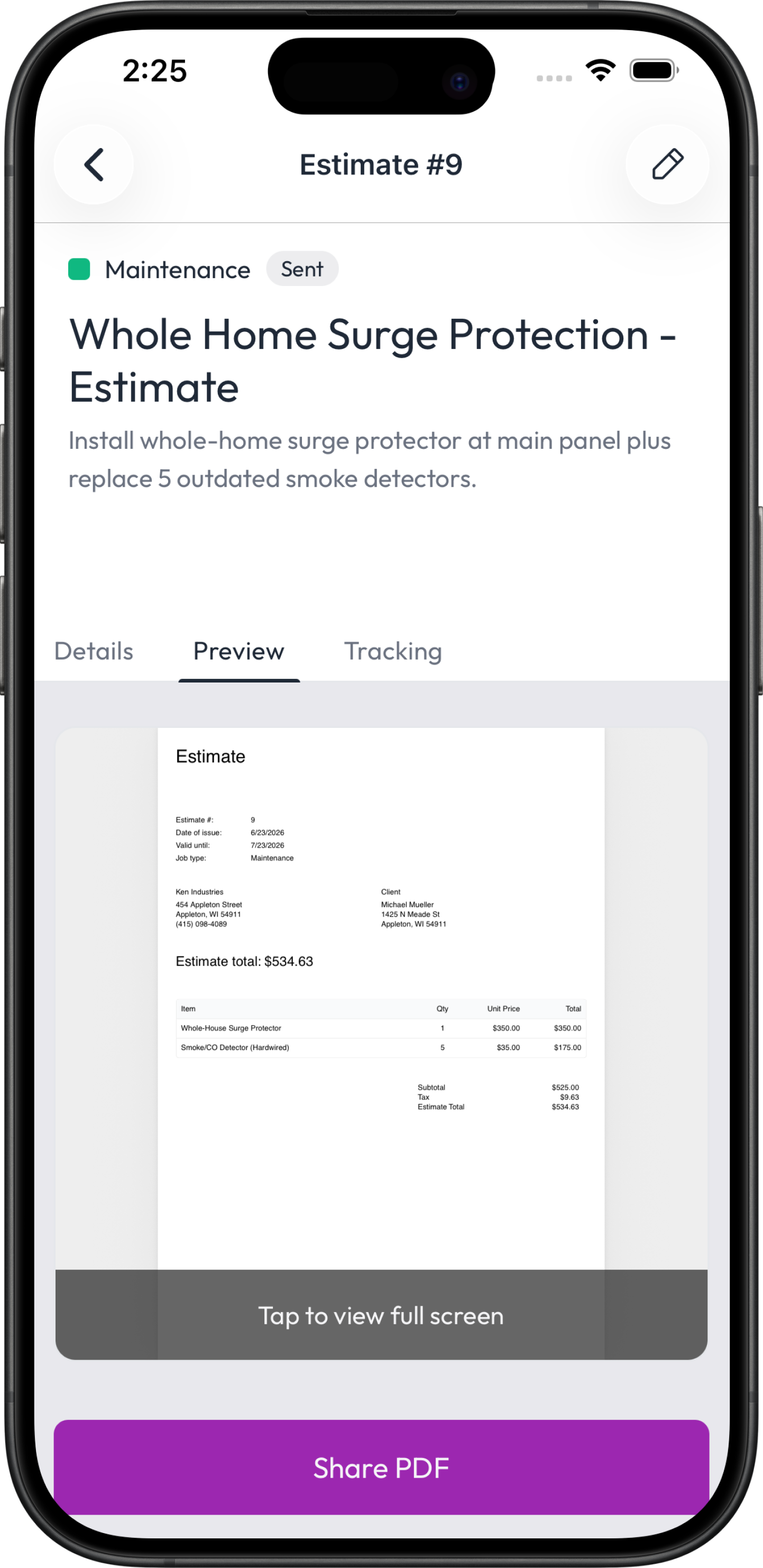 Sharing an estimate in the Fieldsity app