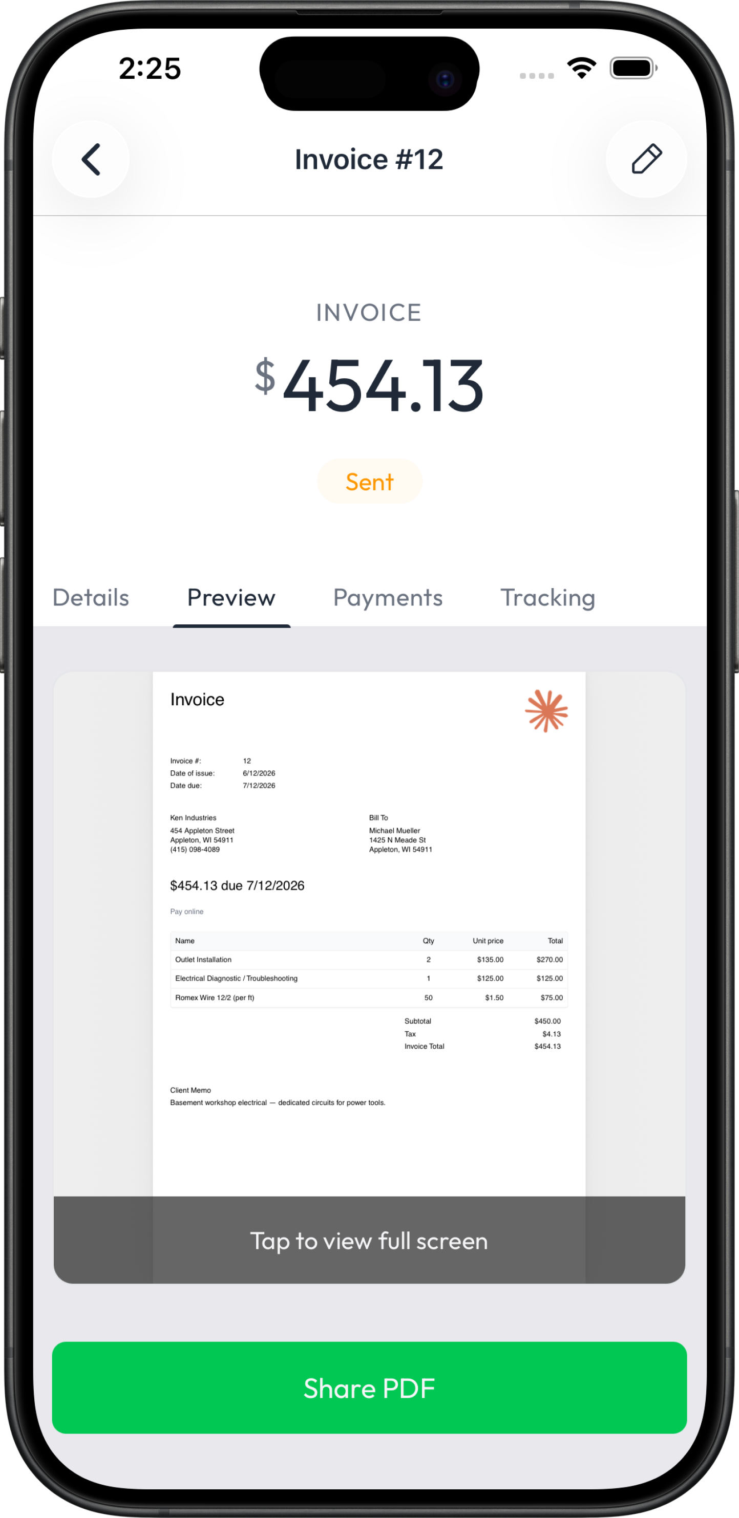 An invoice in the Fieldsity app