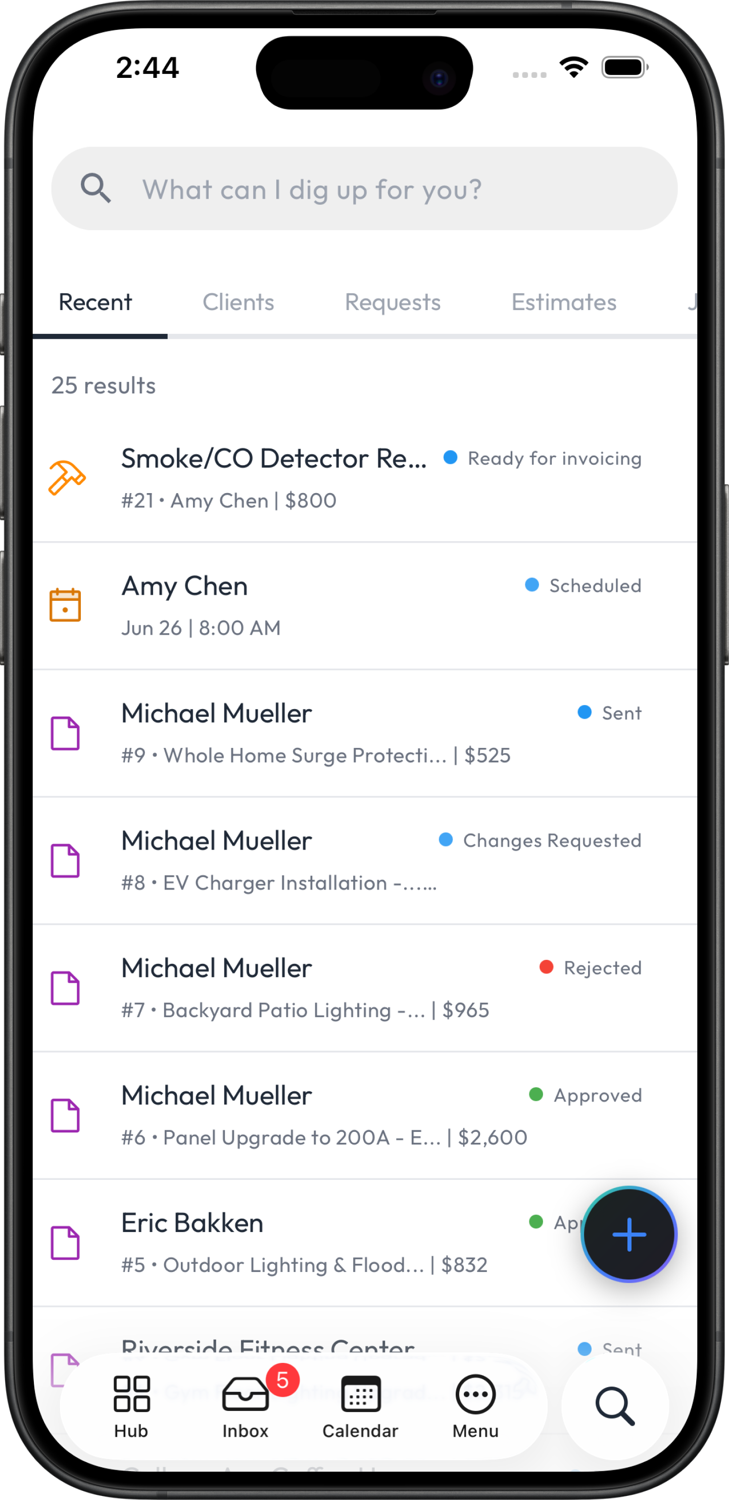 Search any client in the Fieldsity mobile app