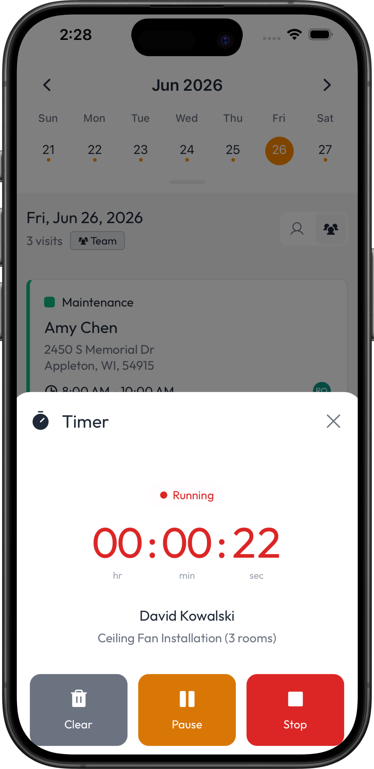 The job timer in the Fieldsity app